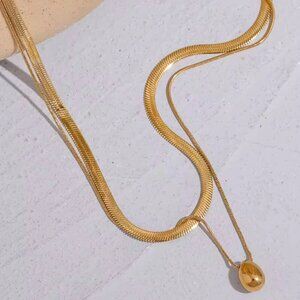 NWT Layered Pendant Necklace Snake Herringbone Chain 18K Gold Plated